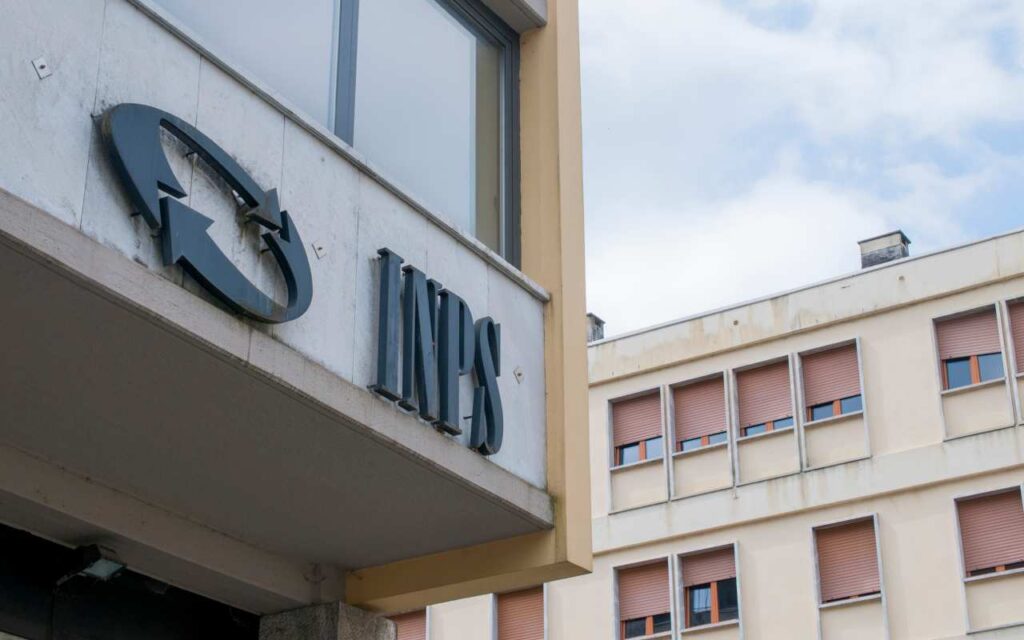 The INPS sign, the national social security institute that deals with providing pensions and collecting labor contributions, on the office building