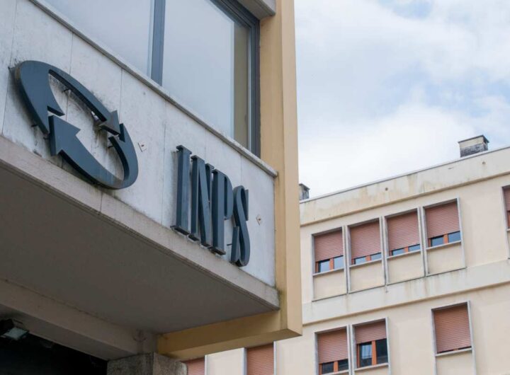 The INPS sign, the national social security institute that deals with providing pensions and collecting labor contributions, on the office building